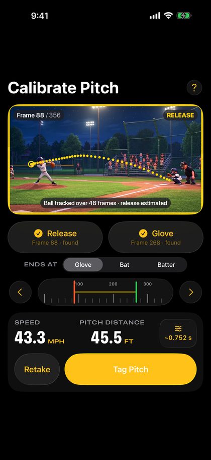 Calibrate screen with the ball's trail, release and glove marks